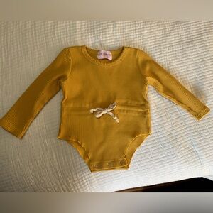 Jill Marie Boutique Mustard Yellow Ribbed Knit Bodysuit Romper with Drawstring